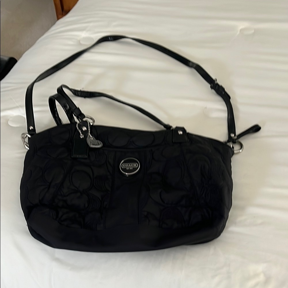 Vintage Coach Black Shoulder Bag with Adjustable Strap and Leather Trim